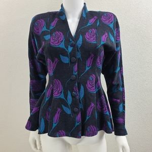 SOLD Vintage 1980's purple and blue rose print peplum blouse by Contempo Casu…